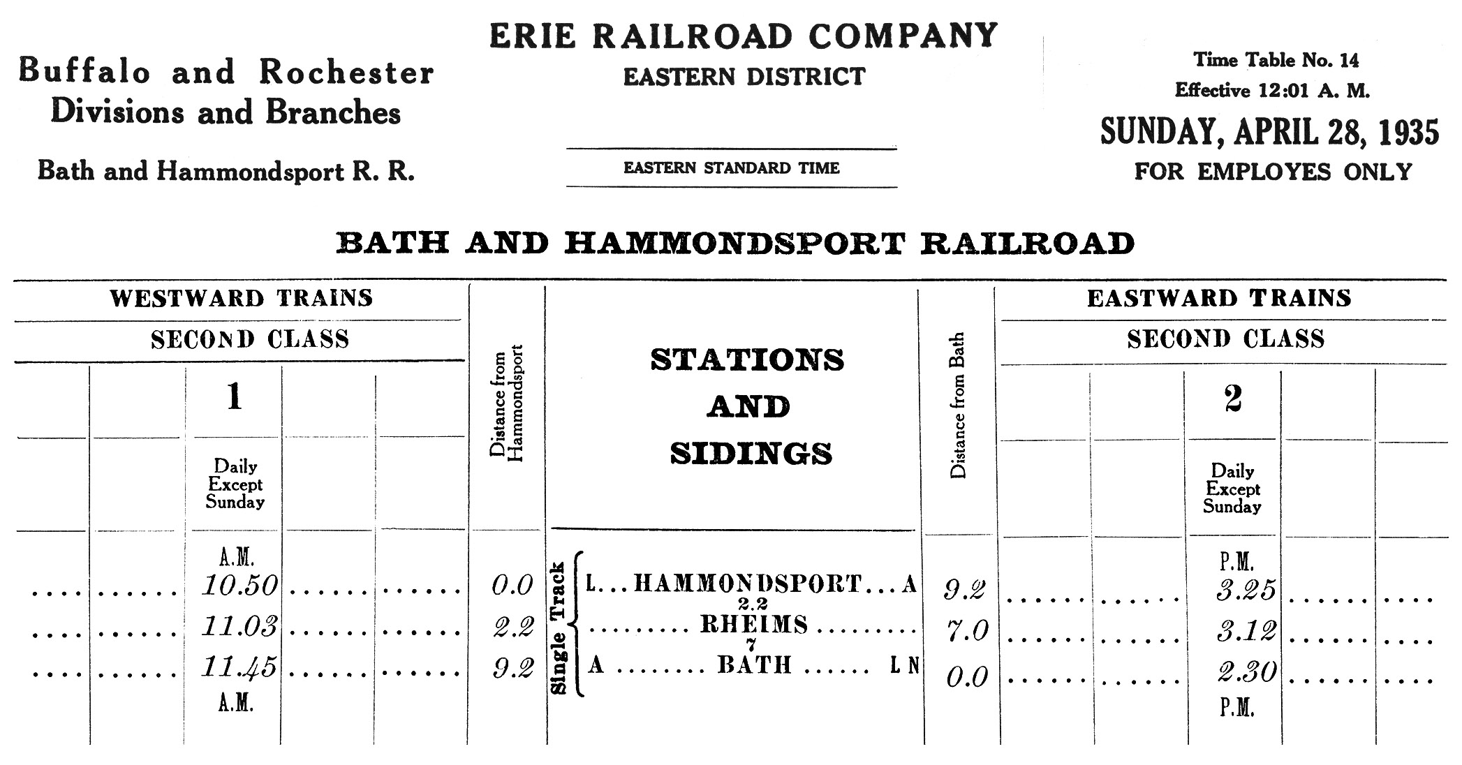 Bath & Hammondsport Railroad Time Table No. 14 — April 28, 1935 12:01 a.m.